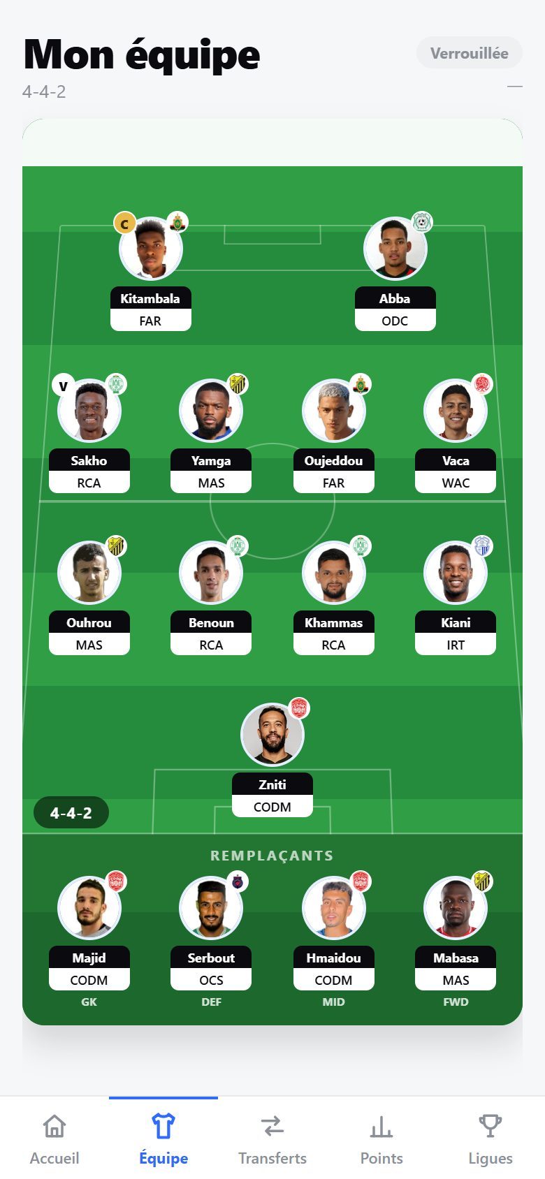 L’écran Équipe de Botoleague, avec le terrain et la composition de la journée